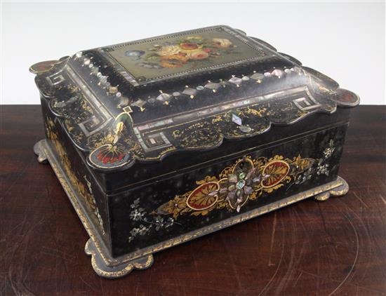 A Victorian japanned papier mache sewing box, mid 19th century, 34cm.